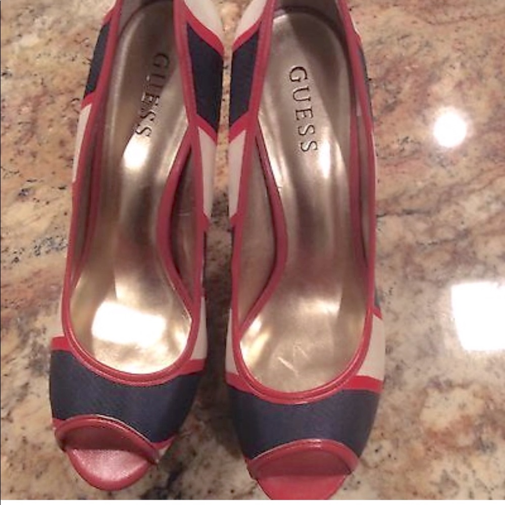 Guess Open Toe Cork Stiletto Pumps Blue/Red/Ivory SZ 9